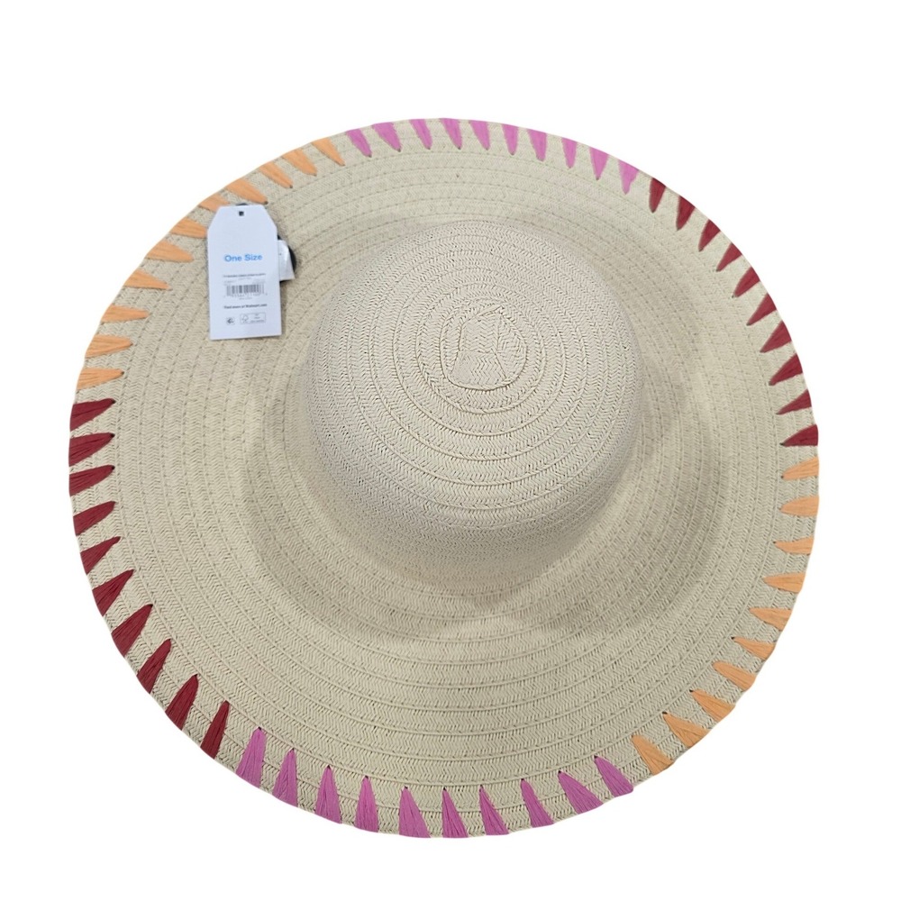 Time and Tru Womens Wide Brim Straw Sun Hat Tan Pink Orange One Size NEW